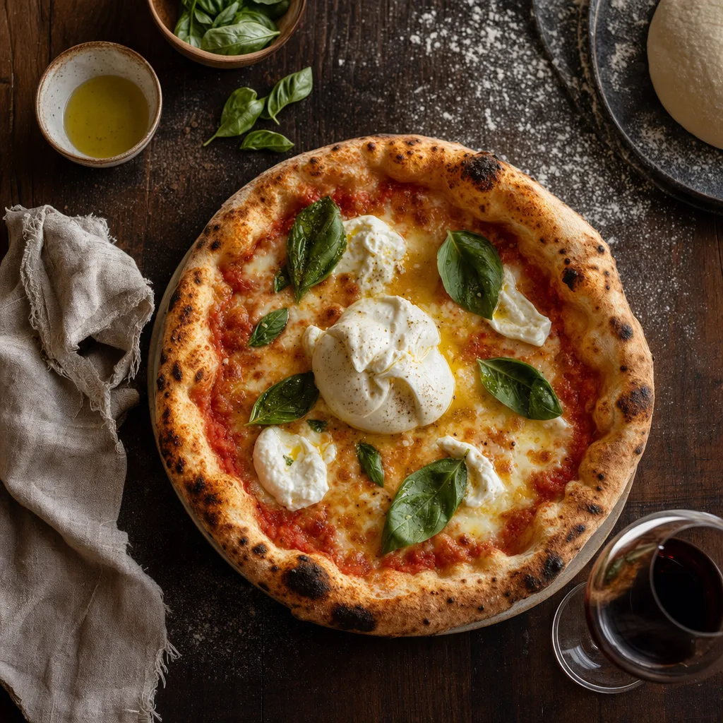 Pizza artesana sobre mesa de madera oscura