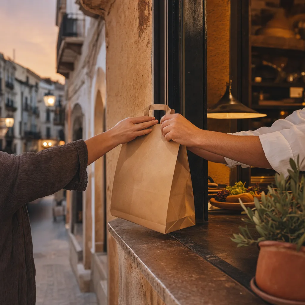 Entrega de una bolsa de comida para llevar en el mostrador