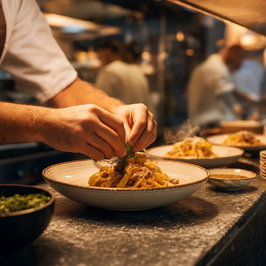 Manos de cocinero emplatando en el pase